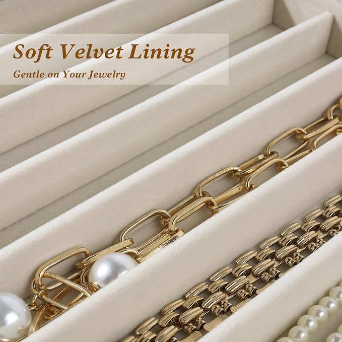 Large Velvet Jewelry Tray 2 Pack, Stackable Jewelry Display Drawer Inserts Trays, 16 Grids Jewelry Organizer for Earrings, Bracelets, Necklaces, Rings, Beige