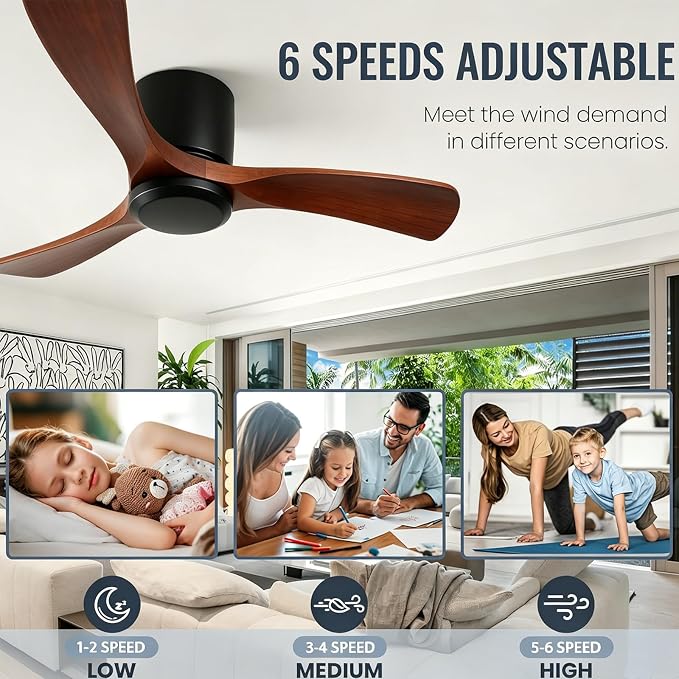 GESUM 42 Inch Wood Ceiling Fan without Light | Flush Mount, Remote Control, 3 Blade 6-Speed Reversible DC Motor, Noiseless Timer, For Bedroom Living Room Patio Porch