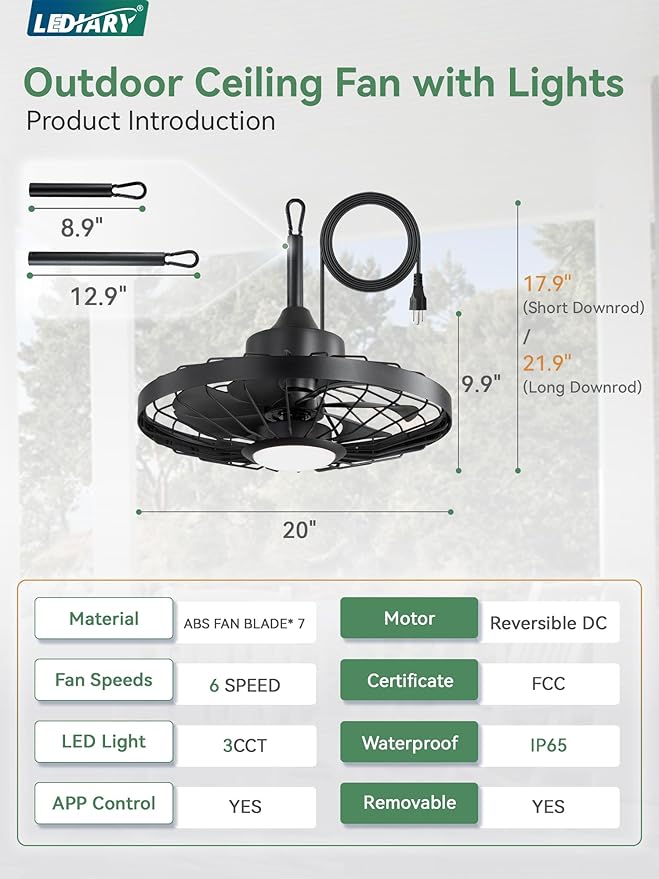 LEDIARY 20" Outdoor Ceiling Fan with Lights,IP65 Waterproof Gazebo Hanging Fan with Remote Control Smart App, Plug in Caged Ceiling Fan with 3CCT 6-Speeds for Patio Porch Pergola(Black)