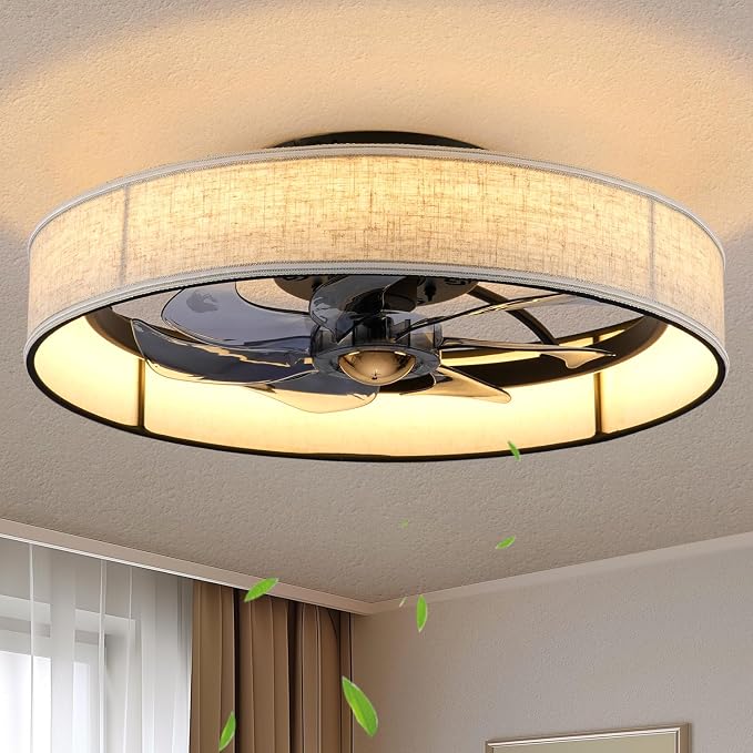 19.6" Flush Mount Caged Ceiling Fan with Light and Remote,Boho Farmhouse Bladeless Fabric Design, Dimmable LED 3 Colors,6 Speeds, Low Profile fandaliers Ceiling Fan for Bedroom Living Room