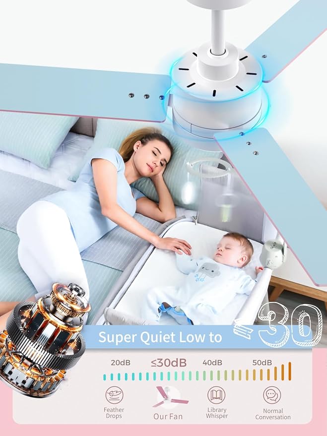 LANMEL 42'' Ceiling Fan with Lights and Remote, Pink Blue Ceiling Light for Kids Room, Modern Ceiling Fan for Boys Girls, 6 Speed, Reversible, 3000k-6000k LED, Quiet DC Motor for Indoor Outdoor