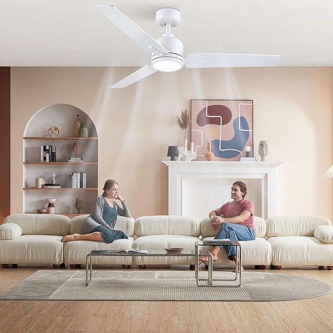 Newday 48 Inch Ceiling Fans with Lights Remote for Bedroom Living Room Kitchen Office, Indoor or Covered Outdoor, 3CCT Dimmable, 3 Blades, 6 Speed Reversible Quiet DC Motor, White/Wood Grain