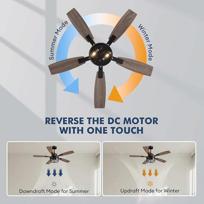 52-Inch Retro Black Downrod Curved Tube Ring-Style Iron Cage Ceiling Fan with Light Industrial Energy-Saving Quiet Strong Airflow for Living Room Bedroom