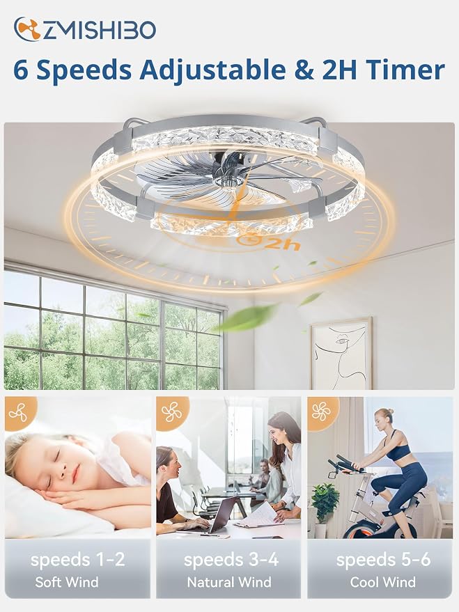 ZMISHIBO 24 Inch Flush Mount Ceiling Fan with Light, Bladeless Low Profile Enclosed Fan for Bedroom Kids Room, 6 Speeds Reversible DC Motor, 3CCT Dimmable Smart App Control