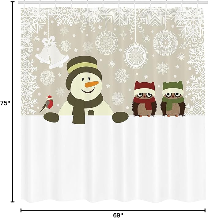 Ambesonne Christmas Shower Curtain, Snowman Owls in Snowy Winter Day Jingle Bells Snowflake Image, Cloth Fabric Bathroom Decor Set with Hooks, 69" W x 75" L, White Green Red