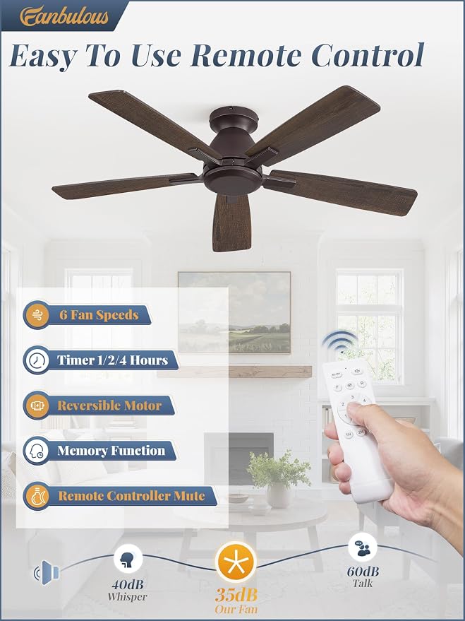 Fanbulous 46 Inch Flush Mount Ceiling Fan No Light with Remote, Oil Bronze | Modern Low Profile Without Light, 6-Speed, Quiet Reversible DC Motor, Indoor/Outdoor Use, for Bedroom, Living Room, Patio