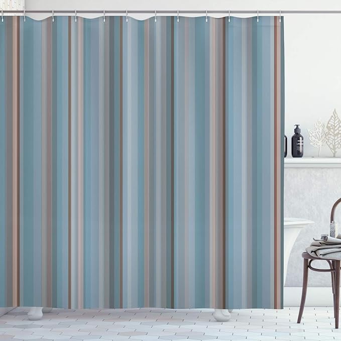 Ambesonne Stripes Shower Curtain, Abstract Ocean Inspired Palette Lines Geometrical Image Illustration, Cloth Fabric Bathroom Decor Set with Hooks, 70" Long, Cadet Blue