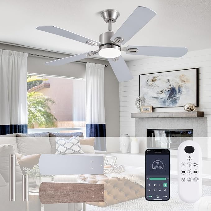 FUMLTP 52inch Ceiling Fans with Lights and Remote/App Control, Double-Side Blades, Dimmable LED, Reversible DC Motor, Noiseless, Modern Low Profile Ceiling Fan for Indoor/Outdoor Use (Nickel)