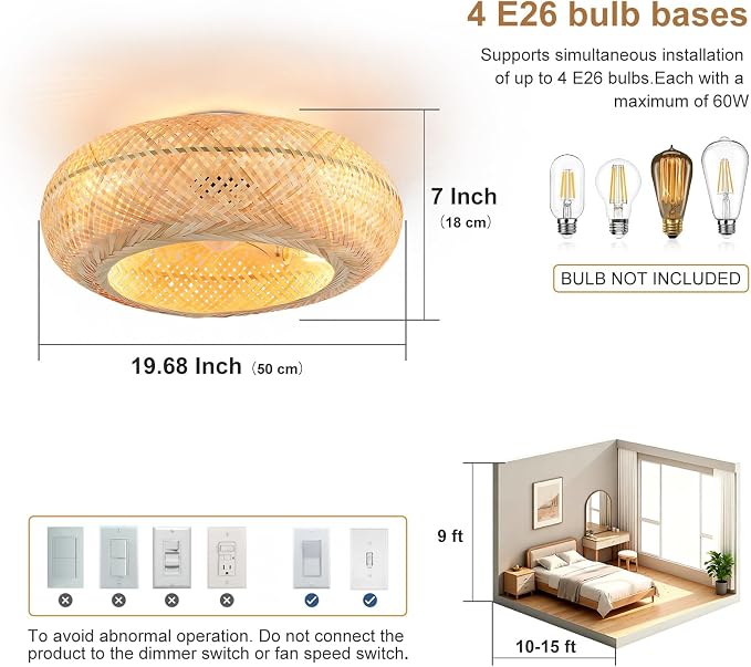 Depuley Boho Ceiling Fan with Light: 20 Inch Bamboo Woven Flush Mount Fandelier with Remote and Timer Control - Caged Ceiling Fan with 6 Speeds - Indoor Quiet Fan for Bedroom and Living Room