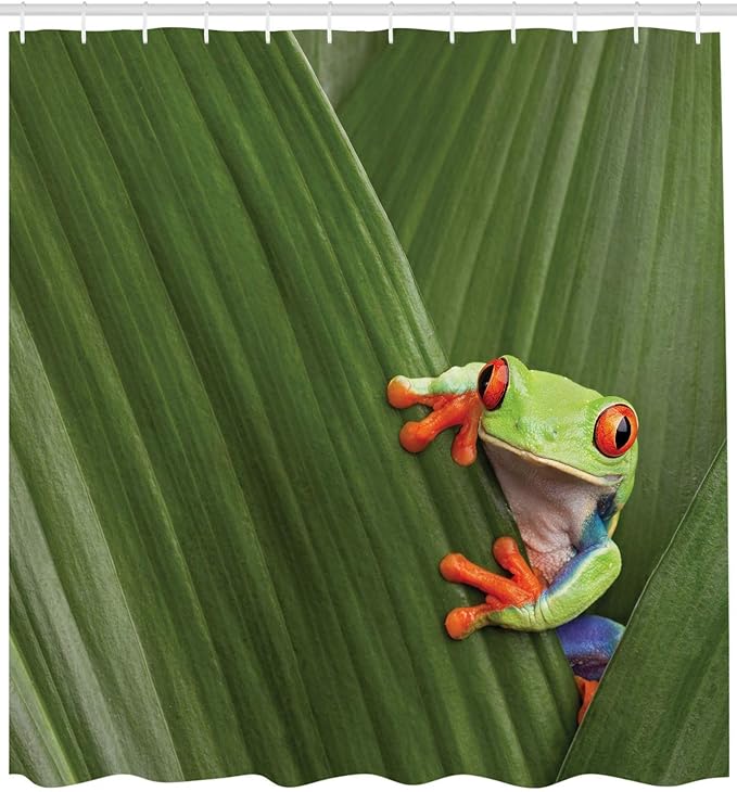 Ambesonne Animal Shower Curtain, Red Eyed Tree Frog Hiding in Exotic Macro Leaf in Costa Rica Rainforest Tropical Nature, Cloth Fabric Bathroom Decor Set with Hooks, 69" W x 84" L, Green
