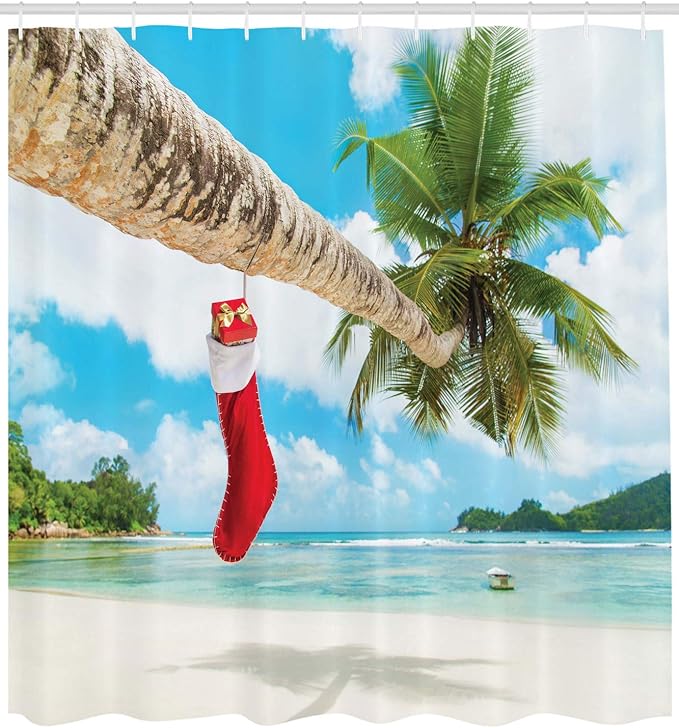 Ambesonne Christmas Shower Curtain, Cloth Fabric Bathroom Decor Set with Hooks, Tropical Sandy Beach, 69" W x 75" L, Aqua Red