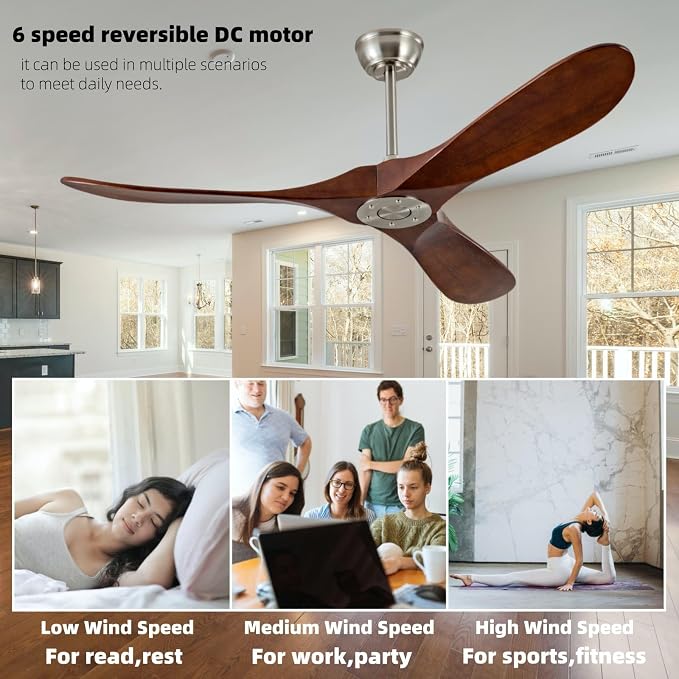 60 Inch Ceiling Fan Without Light, Deep Walnut Remote Control 6 Speed Silent Ceiling Fan Without Light,Suitable for Courtyard, Porch, Bedroom and Outdoor.