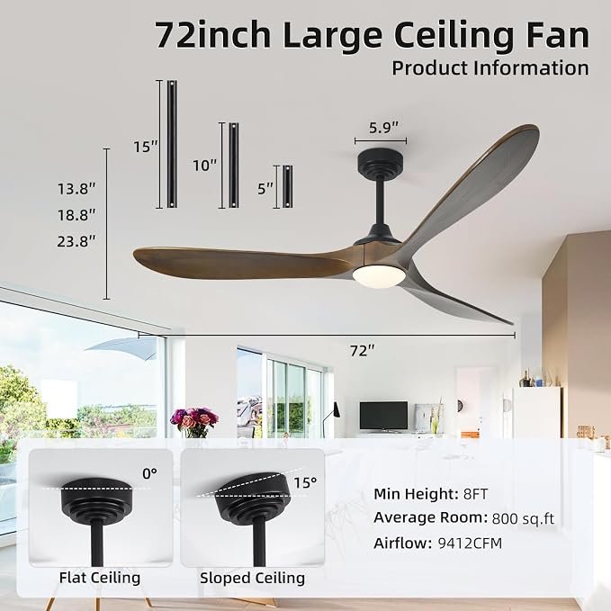 Ceiling Fan with Lights, 72'' Solid Wood Indoor/Outdoor Ceiling Fan with Quiet Reversible DC Motor, Compatible with Alexa/Google/App, 3CCT Dimmable, 6 Speeds Bronze Outdoor Fan for Patio Porch