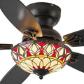 Tiffany Ceiling Fans with Lights - 48" Ceiling Fan Chandelier with 5 Dual-Blades and Glass Shade, 6 Speeds and Reversible, Indoor and Outdoor, Retro Style