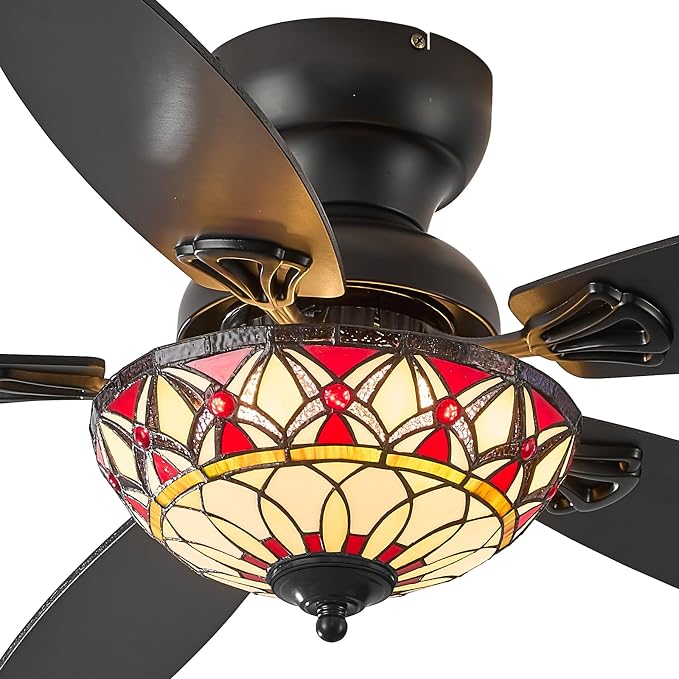Tiffany Ceiling Fans with Lights - 48" Ceiling Fan Chandelier with 5 Dual-Blades and Glass Shade, 6 Speeds and Reversible, Indoor and Outdoor, Retro Style