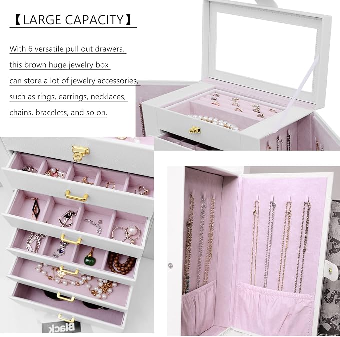 AKOZLIN 6-Tier Jewelry Box Organizer Functional 5 Drawers Leather Jewelry Storage Case for Women Girls Ring Necklace Earring Bracelet Holder Organizer with Mirror Extra Large White
