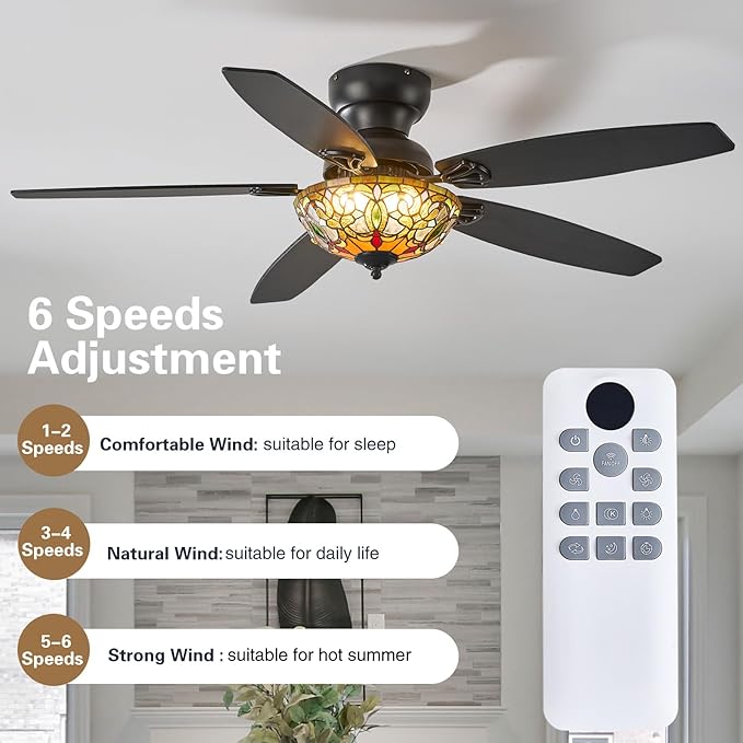 Ceiling Fans with Lights - 52" Ceiling Fan Chandelier with 5 Dual-Blades and Glass Shade, 6 Speeds and Reversible, Indoor and Outdoor, Retro Style