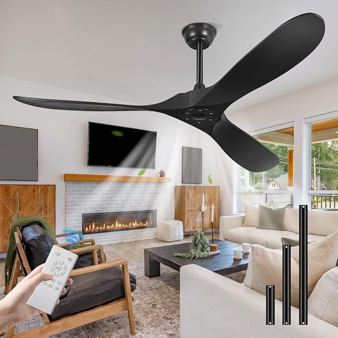Yahada 72" Wood Ceiling Fan no Light, Large Ceiling Fans without Lights Black 3 Blades, ETL Listed, Timer, 6 Speeds Modern High CFM Ceiling Fans with Remote Control for Patios Indoor, Matte Black