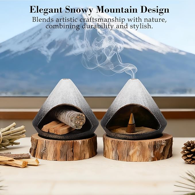 Incense Burner Holder for Palo Santo Sticks,Sage,Cone,Mountain-Inspired Handcrafted Ceramic Ash Catcher Smudge Bowl for Yoga Meditation Energy Cleansing Room Décor,Black