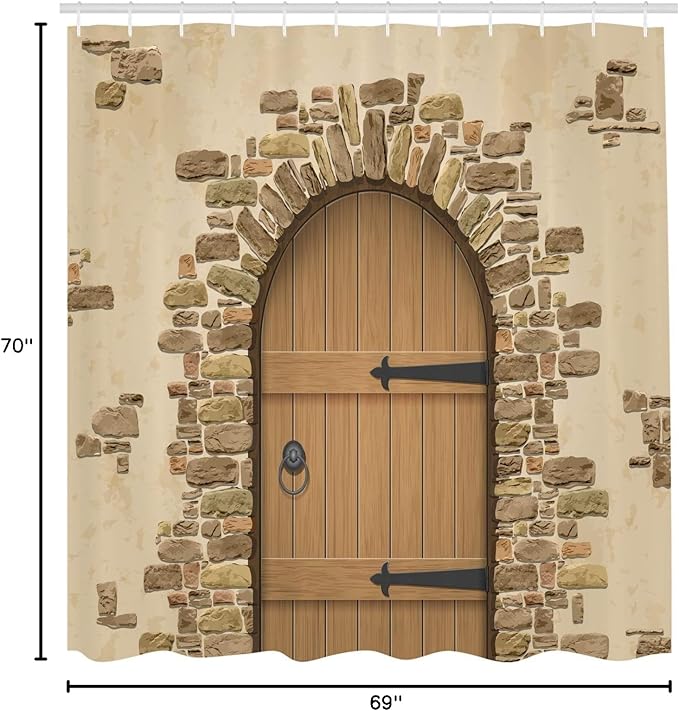 Ambesonne Rustic Shower Curtain, Wine Cellar Entrance Stone Arch Architecture European Building, Cloth Fabric Bathroom Decor Set with Hooks, 69" W x 70" L, Sand Brown Pale Brown