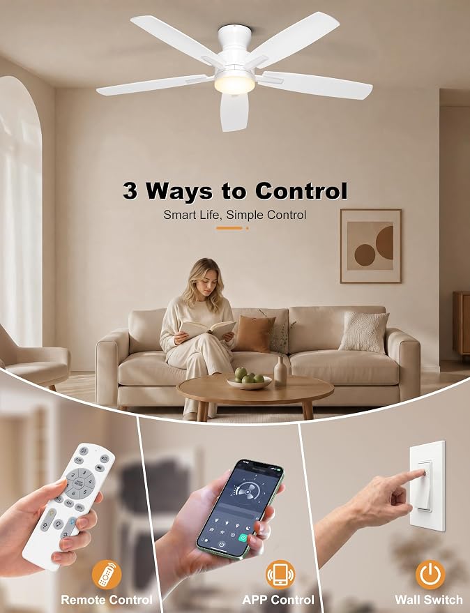 Ohniyou Ceiling Fans with Lights, 52'' Low Profile Ceiling Fan with Light and Remote/APP Control, Modern Flush Mount Ceiling Fan for Indoor Bedroom Living Room, Dimmable, Quiet DC Motor, White