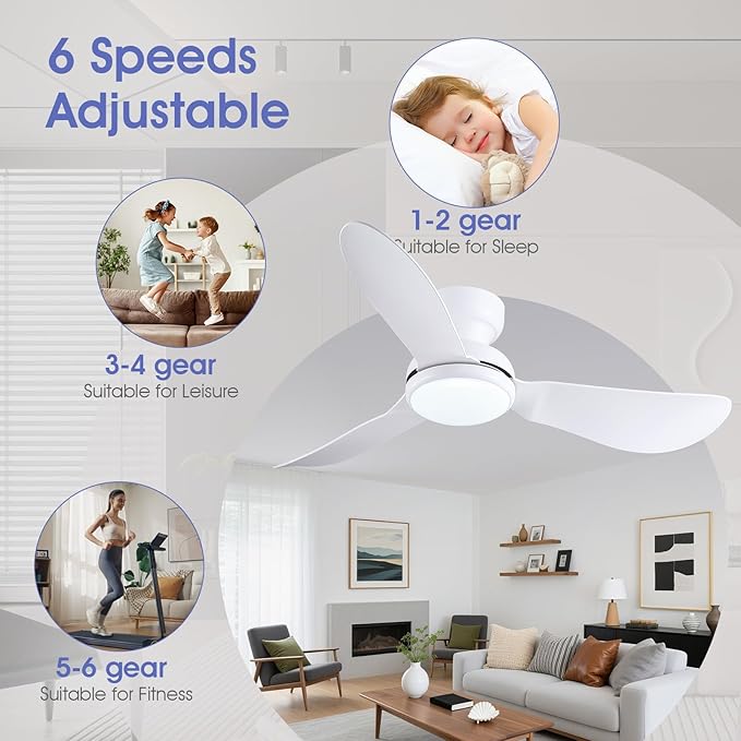 Kviflon 46 Inch Ceiling Fans with Lights, Small Flush Mount Ceiling Fan, Remote/APP Control, 3 Reversible Curved Blades, 6 Speeds, 3 CCT Dimmable Lights for Bedroom, White