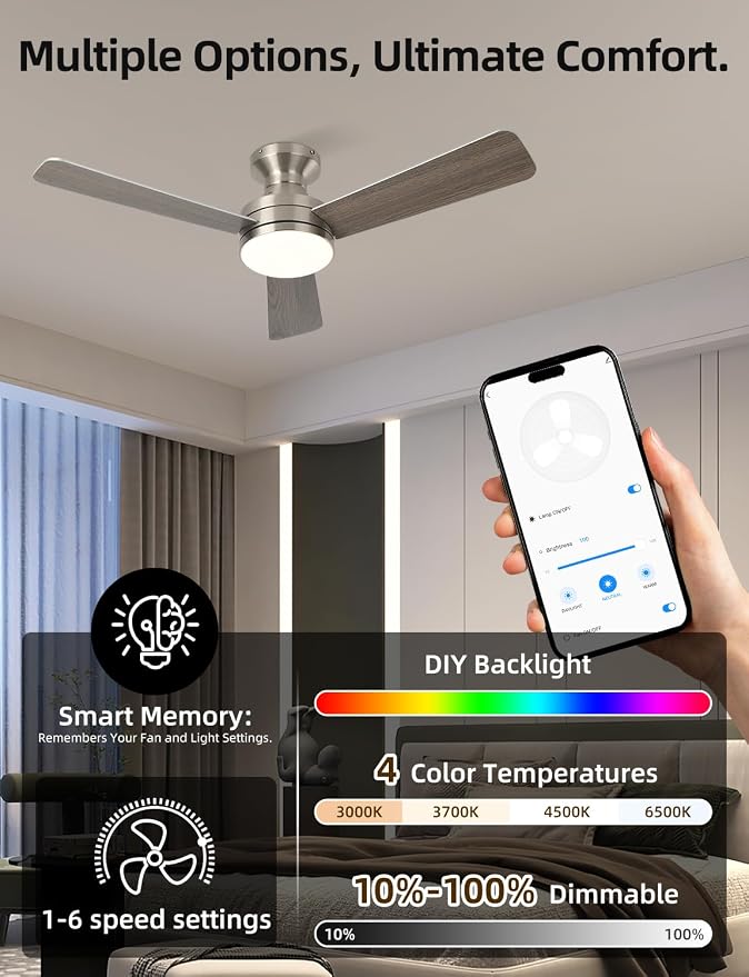 42" RGB Ceiling Fan with Light, Music Sync Smart Fan Works with Alexa/Google Assistant/App, Low Profile Flush Mount, 6-Speed Quiet DC Motor, 4 CCT Dimmable Lighting for Bedroom Living Room