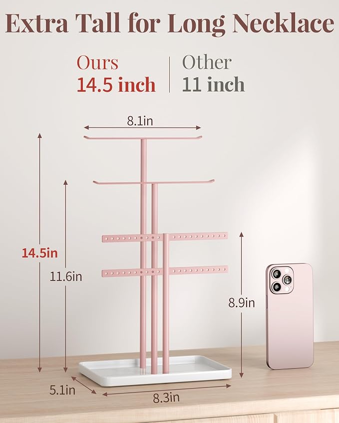 pickpiff Pink Jewelry Organizer: 14.5" Sturdy Stand for 80 Pcs Jewelry