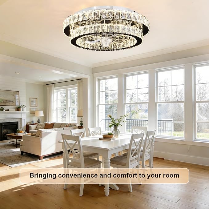 Depuley Modern Ceiling Fan with Lights: 20" Sliver Chandelier Cagd Fan with Remote Control - Modern Crystal Fandelier for Girl's Bedroom Living Room Nursery