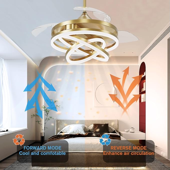 TXCSLY Retractable Ceiling Fan, 42 Inch Chandelier Ceiling Fans with Light, Modern Fandelier Ceiling Fan for Bedroom Living Room Dinning Room, Reverse Motor, 3 Color, 6 Wind Speed, Gold