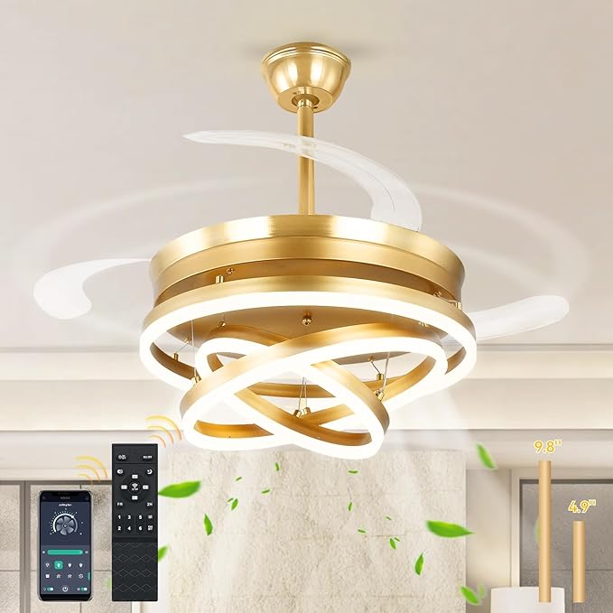 42 Inch Retractable Ceiling Fan with Lights, Gold Fandelier Chandelier Fan with Remote, 6-Speed Silent DC Motor, 3000K-6500K Dimmable LED Light, Modern Ceiling Fan for Bedroom Living Room Dining Room