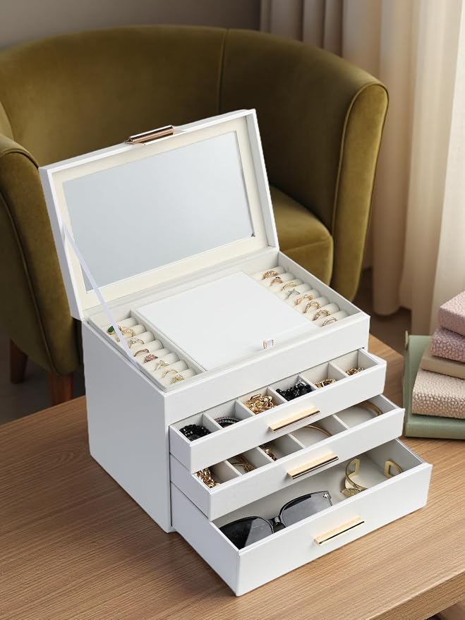 BOOVO Jewelry Boxes for Women, White and Black 6 Layer Large Jewelry Box for Necklace, Bracelet, Earrings, Rings Storage, Jewelry holder Organizer for Girls Gift (Clear White, 4 layer)