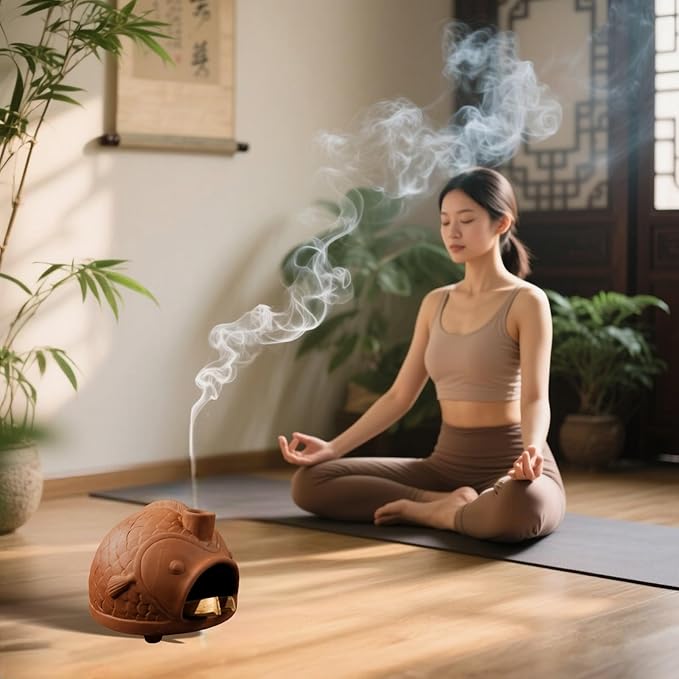 MOUGIGI Large Fish-Shaped Terracotta Palo Santo Holder - Cone Burner for Sage,Chiminea Incense Dish with Chimney,Ideal for Meditation, Zen, Yoga, Spa & Wellness | Anxiety & Stress Relief Items