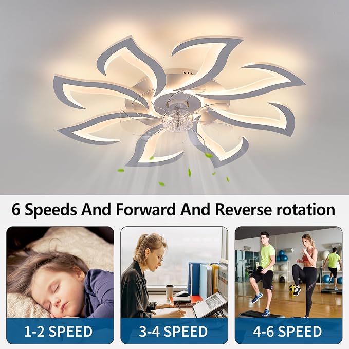 White Flower Modern Ceiling Fans with Lights, Low Profile Ceiling Fan with Remote for Bedroom, 32inch Flush Mount Ceiling Fan with LED Dimmable Light,6-Speeds, Timing CeilingFan Light-8L