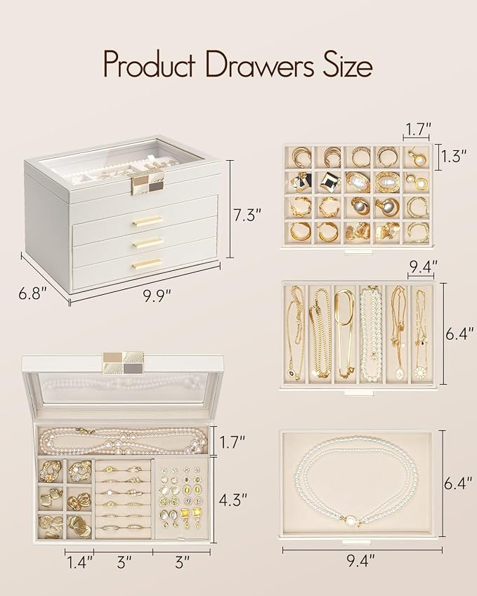 VLANDO Jewelry Box Organizer for Women, 4-Layer Jewelry Storage Case with Glass Lid, Gold Handle, 3 Drawers for Rings, Earrings, Necklaces and Bracelets - Cloud White