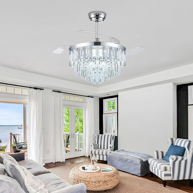 TXCSLY 48" Fandelier Ceiling Fan with Light, Crystal Chandelier Fan with Retractable Blades Dimmable Crystal Ceiling Fan Chandelier for Bedroom Living Room Dining Room-Chrome