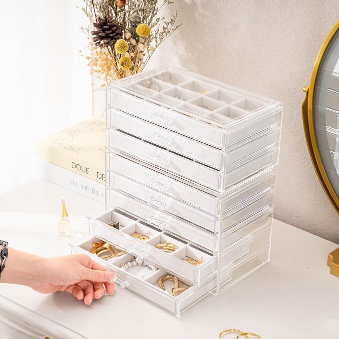 ProCase Earring Holder Organizer Jewelry Box with 8 Drawers, Acrylic Clear Earring Case with Adjustable Velvet Trays for Women - Warmwhite,8 Layers