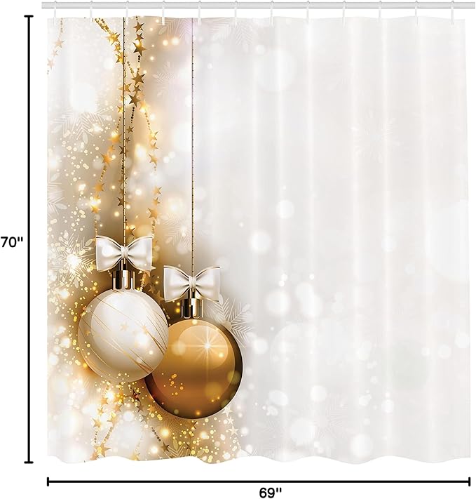Ambesonne Christmas Shower Curtain, Featured Xmas Baubles with Ribbon Holiday Wish Artwork Image Illustration, Cloth Fabric Bathroom Decor Set with Hooks, 69" W x 70" L, White and Beige