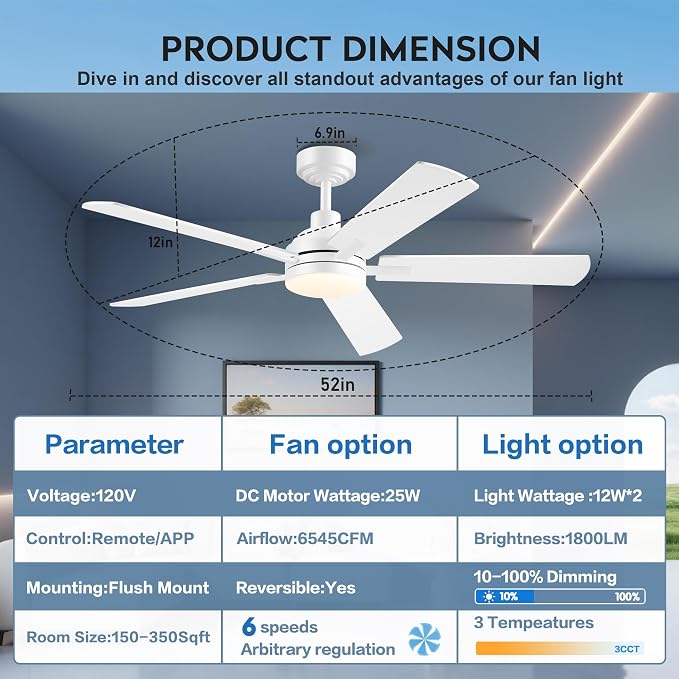 JSAITEE 52 Inch Smart Ceiling Fan with Lights, Remote & App Control, DC Reversible Motor, 6 Speeds Quiet 35dB, 3CCT Dimmable LED, Low Profile Modern Ceiling Fans for Bedroom Living Room, White