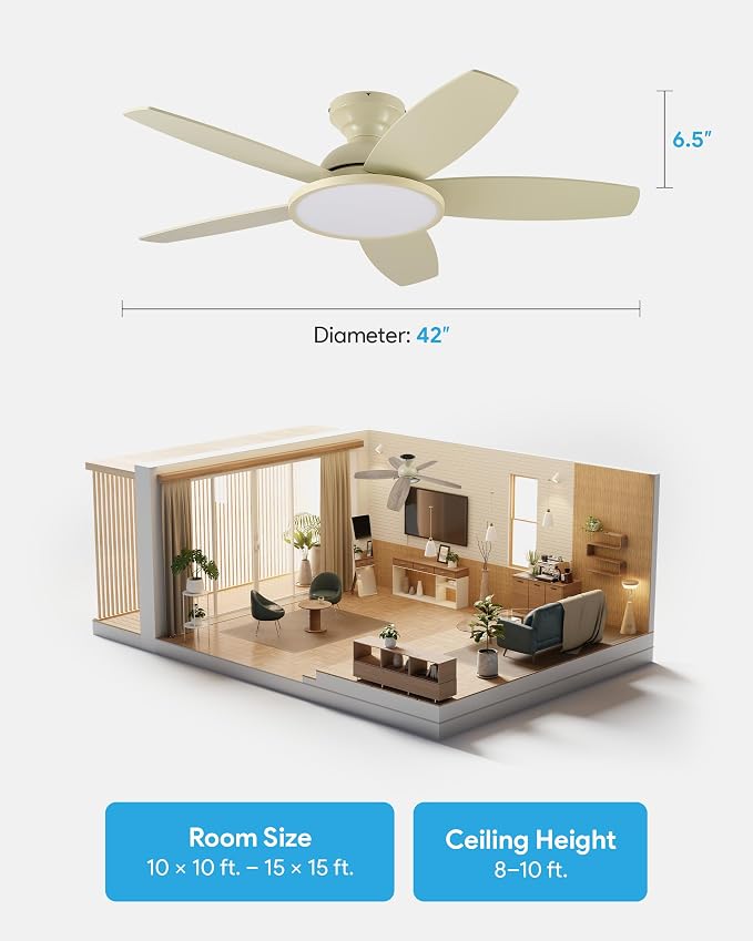 VONLUCE Ceiling Fans with Lights, 42 Inch Ceiling Fan and Remote, Full-spectrum LED Light, 3CCT, 6-Speeds Noiseless Reversible DC Motor, Modern Ceiling Fan for Bedroom Living Room Farmhouse, Boho