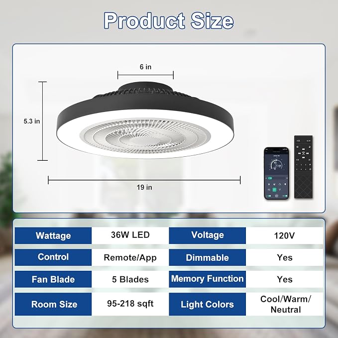 Depuley Modern Ceiling Fan with Light: 19" Flush Mount Low Profile LED Ceiling Fans with Remote & Smart APP Control - Black Bladeless Fandelier Dimmable Quiet DC Motor for Bedroom Kids Room 6 Speeds