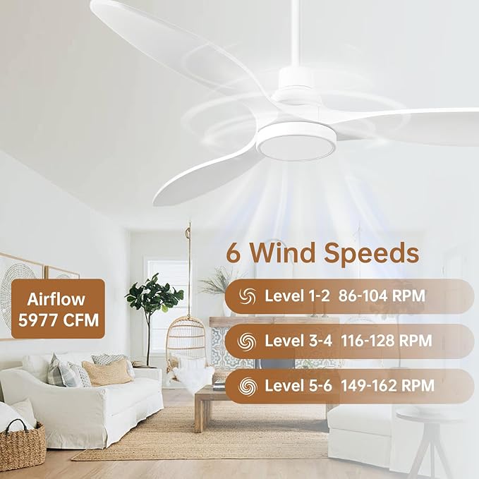 Ovlaim 52 Inch White Wood Ceiling Fan with Light and Remote | 30dB Quiet DC Motor, 6-Speed, Dimmable 3-Color, Memory Function, Reversible Motor, 3 Downrods Included, Bedroom Living Room