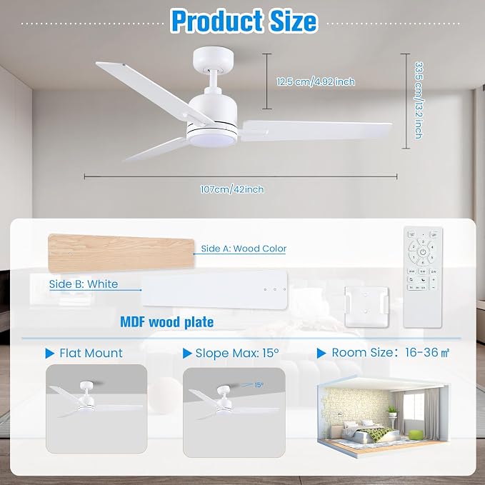 Newday 48 Inch Ceiling Fans with Lights Remote for Bedroom Living Room Kitchen Office, Indoor or Covered Outdoor, 3CCT Dimmable, 3 Blades, 6 Speed Reversible Quiet DC Motor, White/Wood Grain