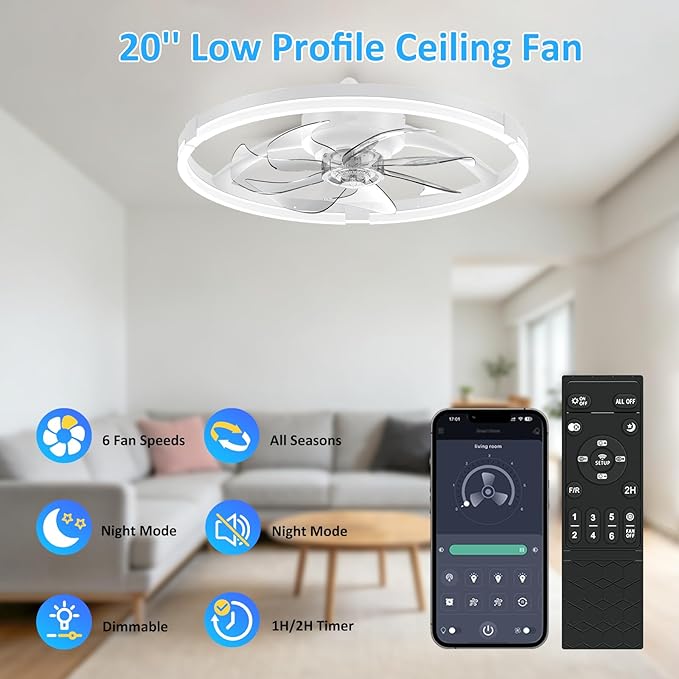 20'' Low Profile Ceiling Fan with Lights, Ceiling Fans with Lights and Remote, 3000-6500K Dimmable Modern Flush Mount LED Fan Lights, 6 Wind Speeds Ceiling Fans for Bedroom