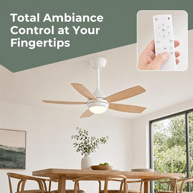 42 inch Ceiling Fan with Lights, 5 Blades, 6 Speeds DC Reversible, Dimmable, Low Profile Ceiling Fan with Light and Remote Control for Bedroom or Living Room
