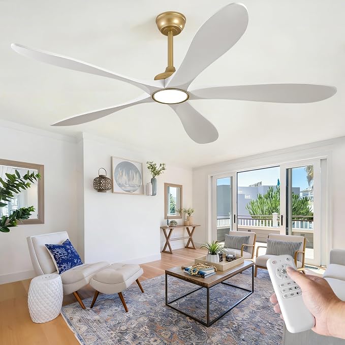 60 Inch White and Gold Ceiling Fans with Lights and Remote, Modern Outdoor Ceiling Fan with Light for Patio Porch Large Room, 3 Wood Blade, Memory Function, Quiet DC Motor, High CFM Airflow