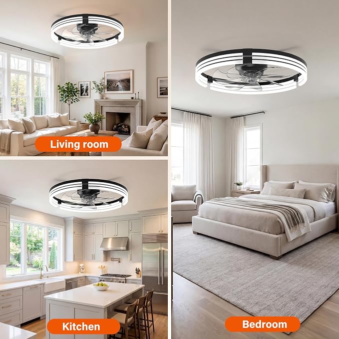 Ceiling Fans with Lights and Remote, 20'' Low Profile Ceiling Fan with APP Control, 3000K-6500K Dimmable, Quiet Reversible DC, Modern Flush Mount Fandelier for Bedroom (Black-Stripe)