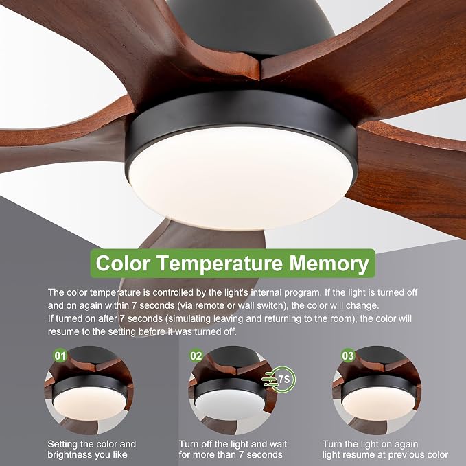 52 Inch Solid Wood Ceiling Fans With Lights, Remote Control, Dimmable, Reversible, Wood Blades, Power-Off Memory, Quiet DC Motor, Indoor/Oudoor Ceiling Fan with Light for Patio