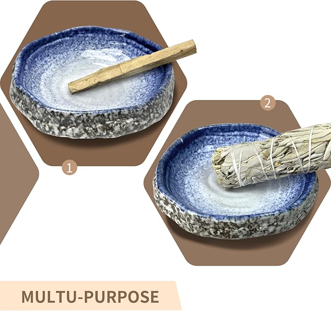 Handmade Ceramic Incense Burner, Ash Catcher for Sticks, 9 Incense Holes Suitable for Most Types, Cones, Palo Santo & Sage, Ideal for Meditation, Incense Smudging, and Home Decor (Blue&White)