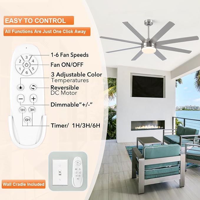 YUHAO 62 Inch Brushed Nickel Ceiling Fan with Light and Remote Control.Noiseless,Dimmable,3CCT,6 Speeds Reversible, DC Ceiling Fans for Indoor or Covered Outdoor Use.ETL Listed